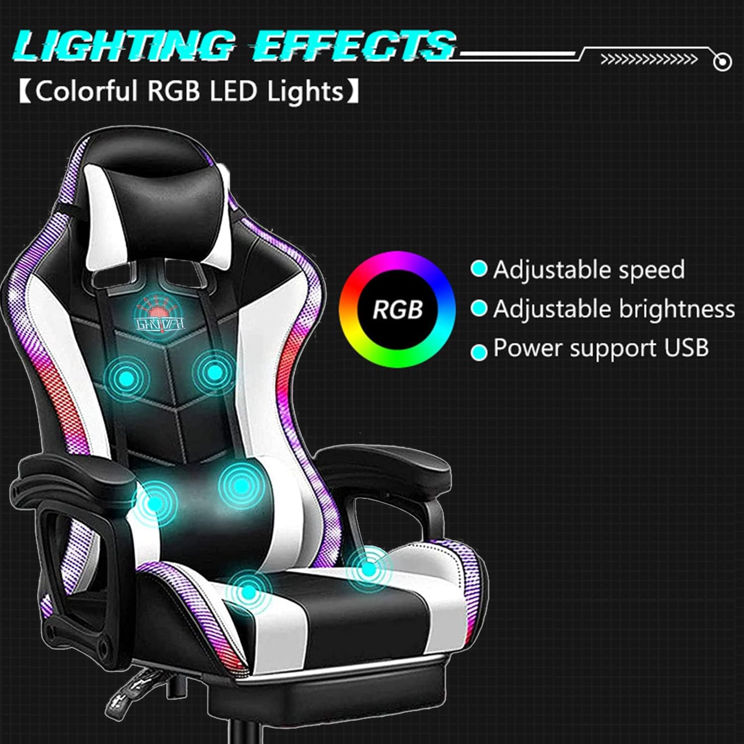 RGB Gaming Chair with Speakers and Footrest, Ergonomic High Back PC Game Chair with Massage Lumbar and Adjustable Armrest, Swivel Racing Chair PU Leather Computer Chairs,Black