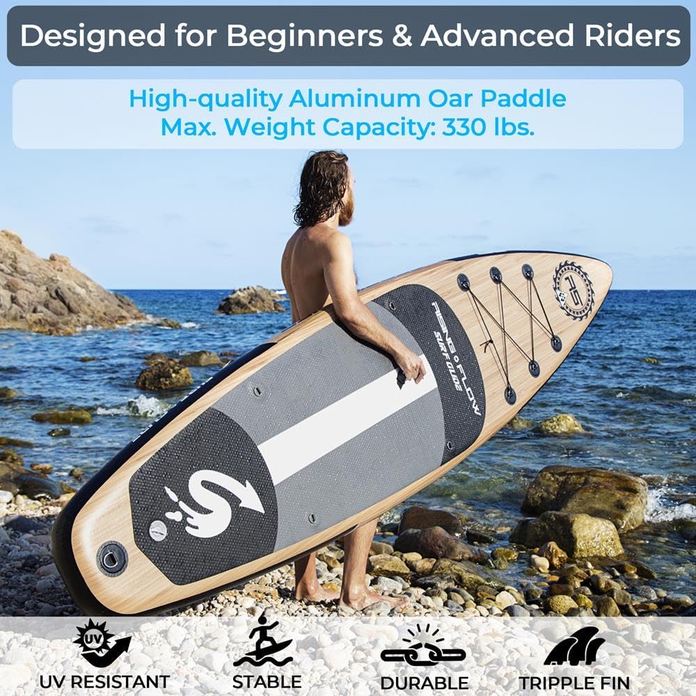 SereneLife Inflatable Stand Up Paddle Board Set - SUP with 32' Wide Stable Design, Includes Detachable Seat, 3-Shaft Paddle, Electric Paddle Board Pump, Non-Slip EVA Deck - 350 lbs Capacity