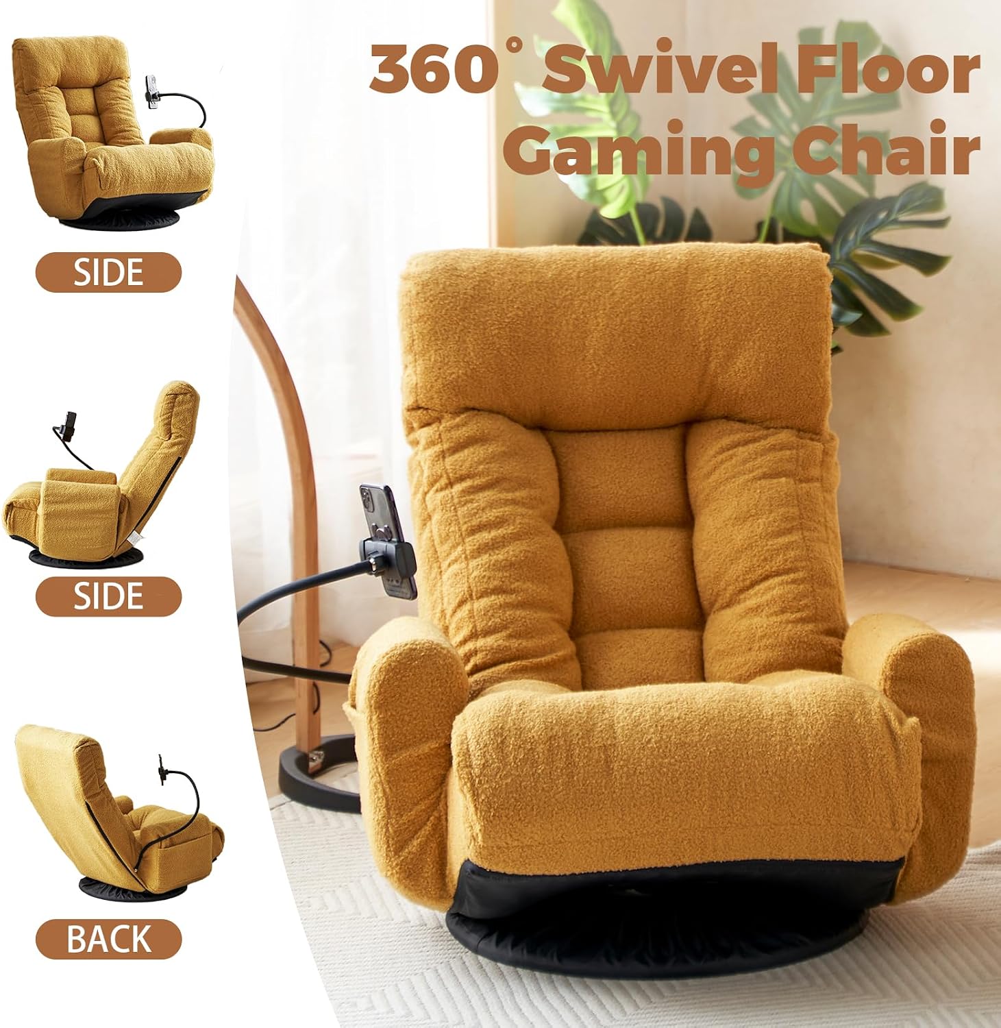 360° Swivel Floor Gaming Chair Teddy Folding Lounge Chair Sofa Chair with Adjustable Head and Waist, Armrests & Phone Holder, Padded Cushion Leisure Chairs for Living Room Bedroom (Yellow)