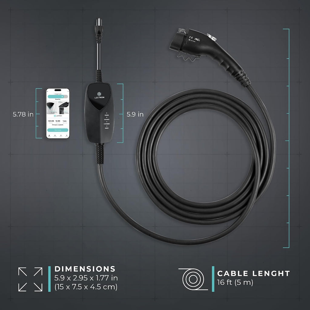 Lectron Portable Level 1 J1772 EV Charger with Wi-Fi/App Control - 12 Amp, 120V Portable Charger with NEMA 5-15 Plug, 16ft Charging Cable - for J1772 Electric Vehicles ONLY