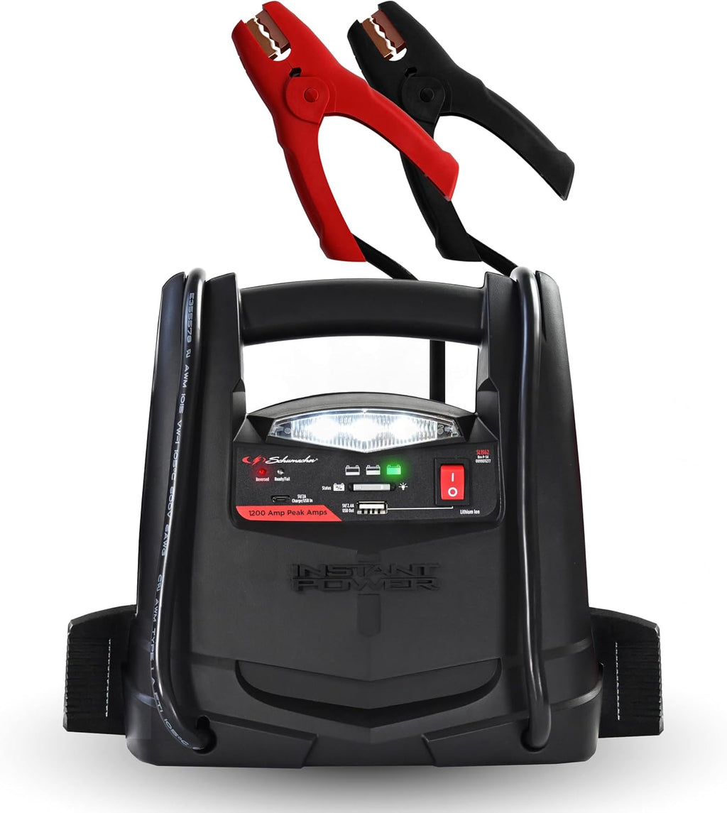 Schumacher Electric 1200A Lithium Car Battery Jump Starter and Power Station, 4-in-1 Solution, 150-PSI Air Compressor, 2.4A USB Charging, for 12V Power Sport, Automotive, and Marine Batteries, SL1562