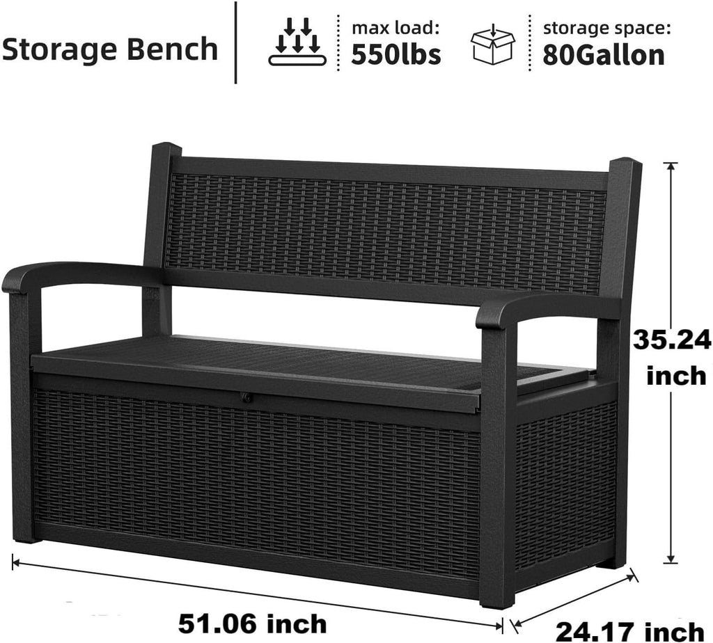 70 Gallon Storage Bench Deck Box Resin Patio Furniture with Armrest, Waterproof and UV Resistant Lockable for Patio Furniture, Garden Decor and Outdoor Seating for Cushions, Garden Tools,Black