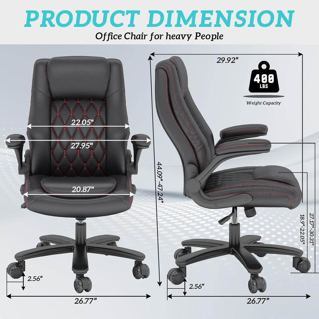 GYI High Back Executive Office Chair, Big and Tall Office Desk Chair 400LBS with Lumbar Support, Flip-up Armrests, Rubber Wheels, Black