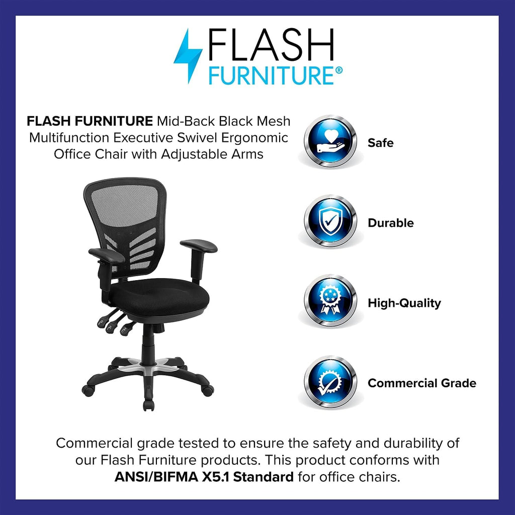 Flash Furniture Nicholas Mid-Back Black Mesh Multifunction Executive Swivel Ergonomic Office Chair with Adjustable Arms, Set of 4