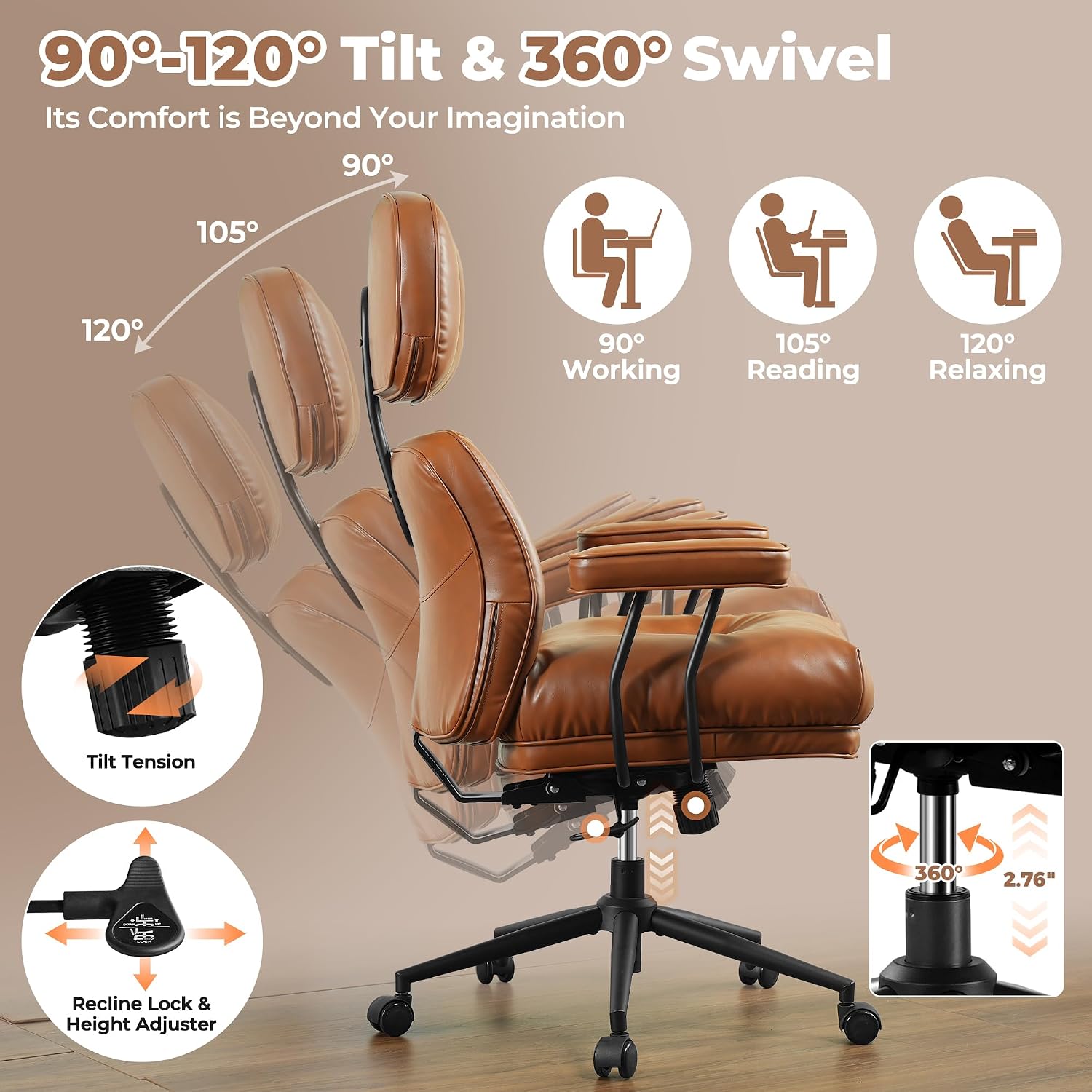 ovios Ergonomic Office Chair, High Back Faux Leather Executive Chairs with Thick Cushion, Comfy Mid-Century Modern Swivel Rolling Computer Armchair (Brown, PU Leather)