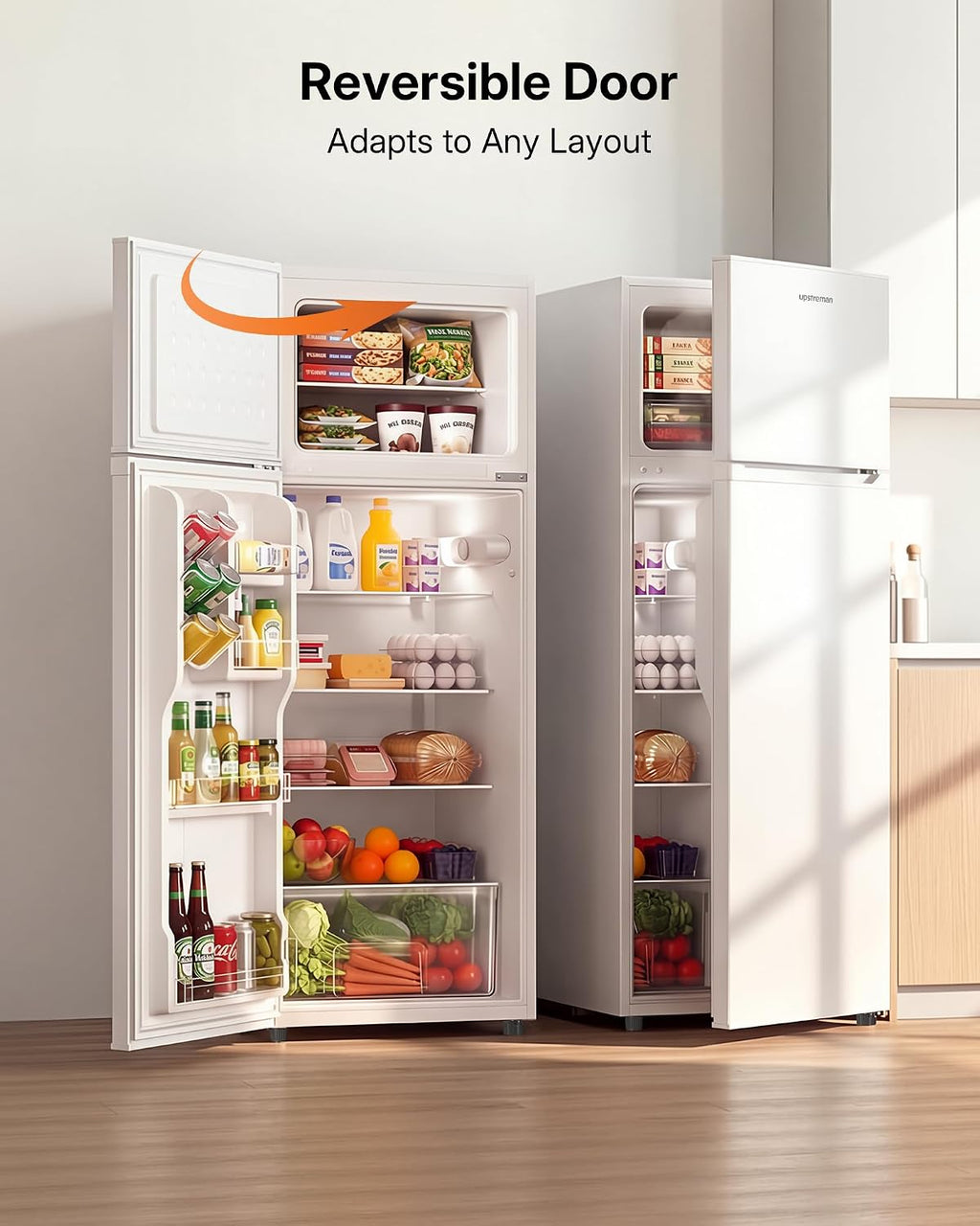 Upstreman 7.7 Cu Ft White Large Capacity Refrigerator with Freezer, Energy Efficient Compact Refrigerator, Adjustable Thermostat & Reversible Door for Apartment, Dorm, Office, Kitchen，White (BD-75)