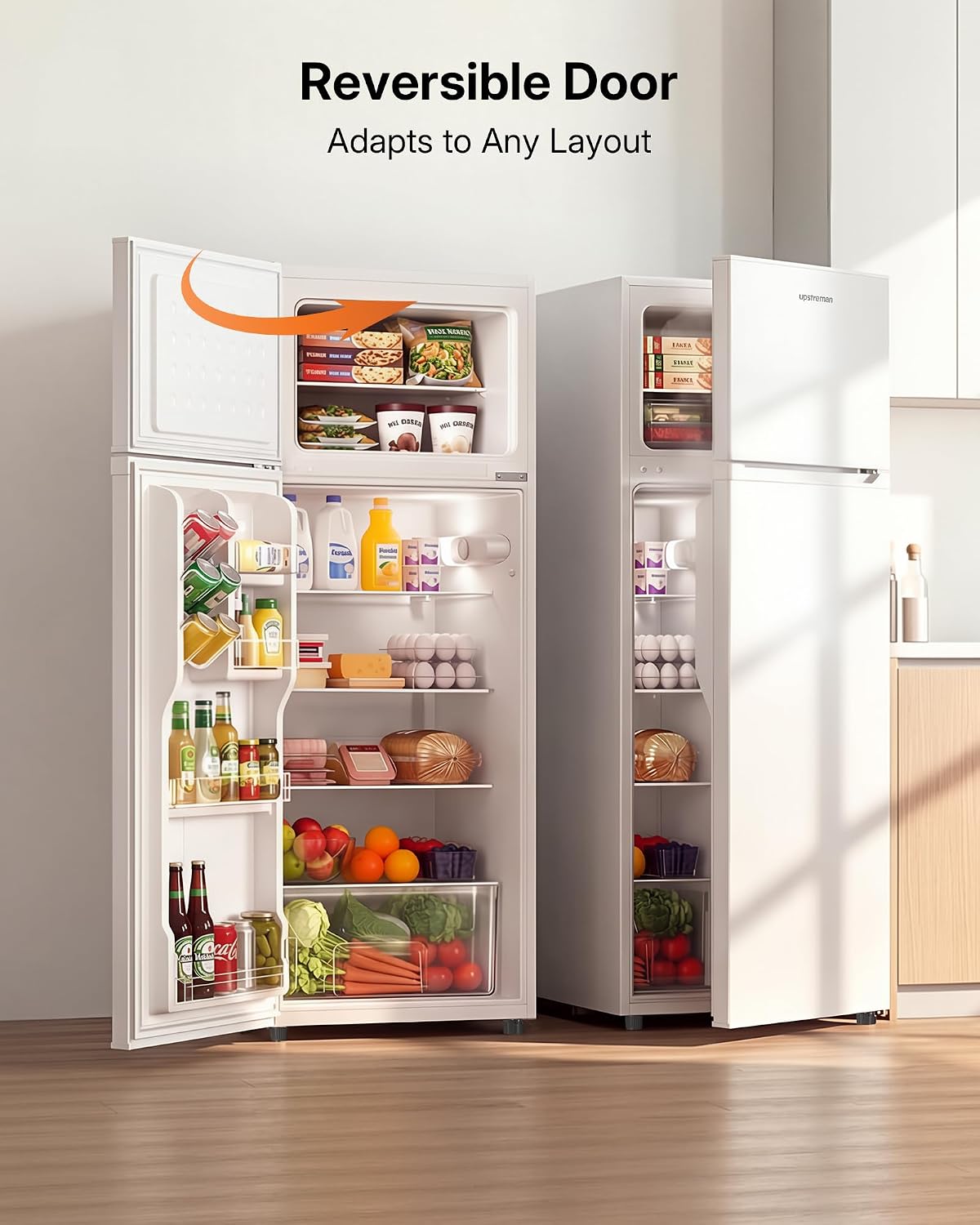 Upstreman 7.7 Cu Ft White Large Capacity Refrigerator with Freezer, Energy Efficient Compact Refrigerator, Adjustable Thermostat & Reversible Door for Apartment, Dorm, Office, Kitchen，White (BD-75)