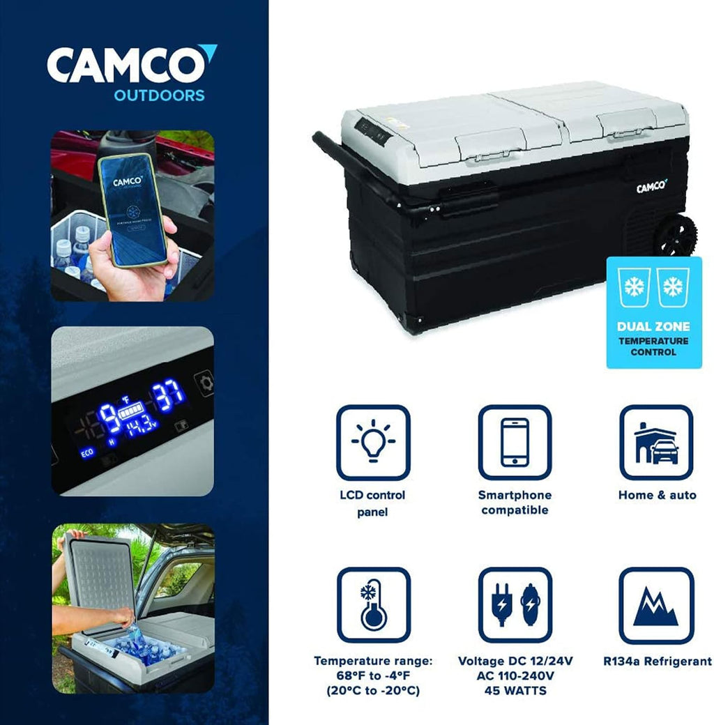 Camco 51520 CAM-750 Portable Refrigerator, AC 110V/DC 12V Compact Fridge/Freezer with Dual Zone Cooling, 75-Liter - Keeps Food and Drinks Cold While On-the-Go - Ideal for Road Trips, RVing, Camping, B , Black