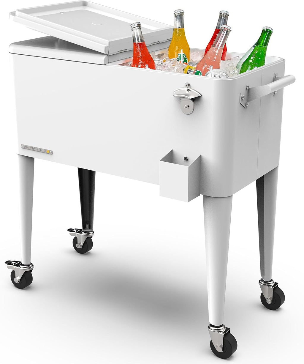 Permasteel 80-Qt Large Outdoor Patio Cooler with Wheels & Handles, Portable Rolling Hard Cooler for Outside, Retro Ice Cooler Cart, Beverage Can Coolers for Backyard Parties