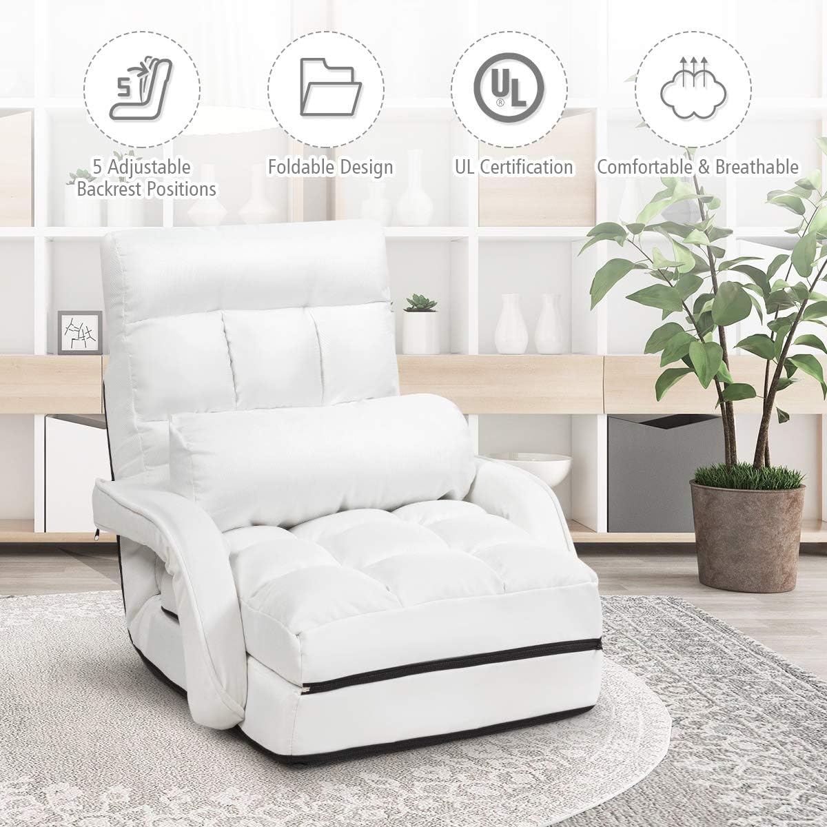 S AFSTAR Indoor Chaise Lounge Sofa, Folding Lazy Sofa Floor Chair with 6-Position Adjustable Backrest Lumbar Pillow, Folding Padded Lounger Bed with Armrests, Assembly-Free (White)