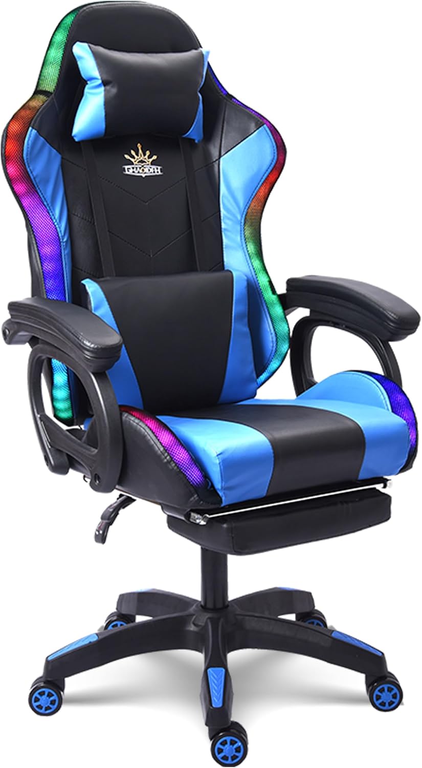 Video Gaming Chair with Speakers and RGB Lights, Ergonomic Chair with Seven-Point Massage Function, Computer Chair with Footrest and Lumbar Support Gaming Chairs for Adults,Blue