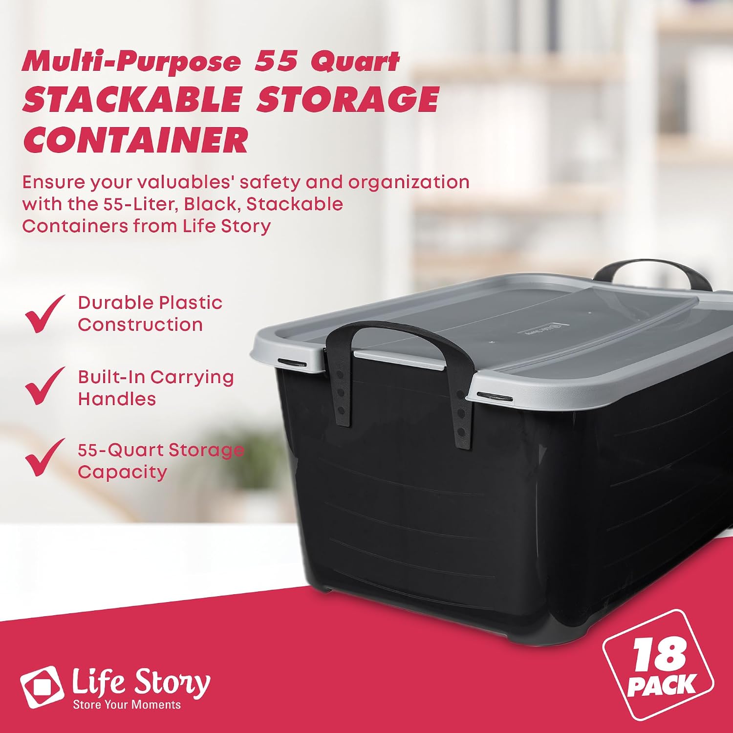 Life Story 18 Pack Heavy Duty Stackable Storage Bin, 55 Quart Home Organizer, Versatile Lightweight Locking Bins with Carrying Handles, Black/Gray