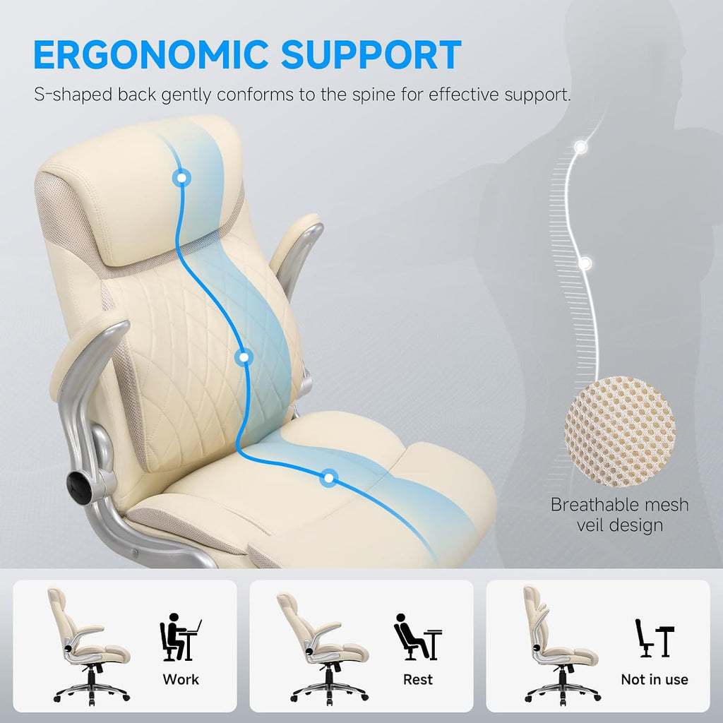COMHOMA Big and Tall High Back Office Chair 400LBS Wide Leather Executive Chair Height Adjustable Lumbar Support & Armrests, Comfy Desk Gaming Chairs Computer Swivel Chair, Beige