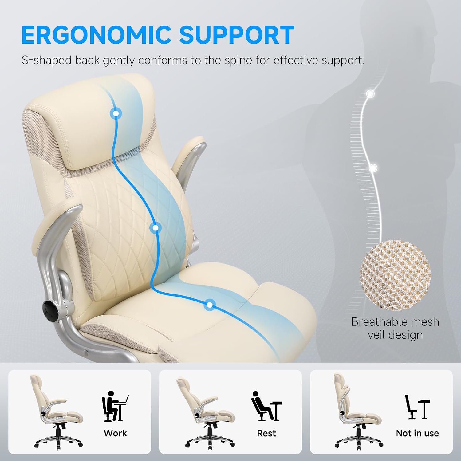 COMHOMA Big and Tall High Back Office Chair 400LBS Wide Leather Executive Chair Height Adjustable Lumbar Support & Armrests, Comfy Desk Gaming Chairs Computer Swivel Chair, Beige