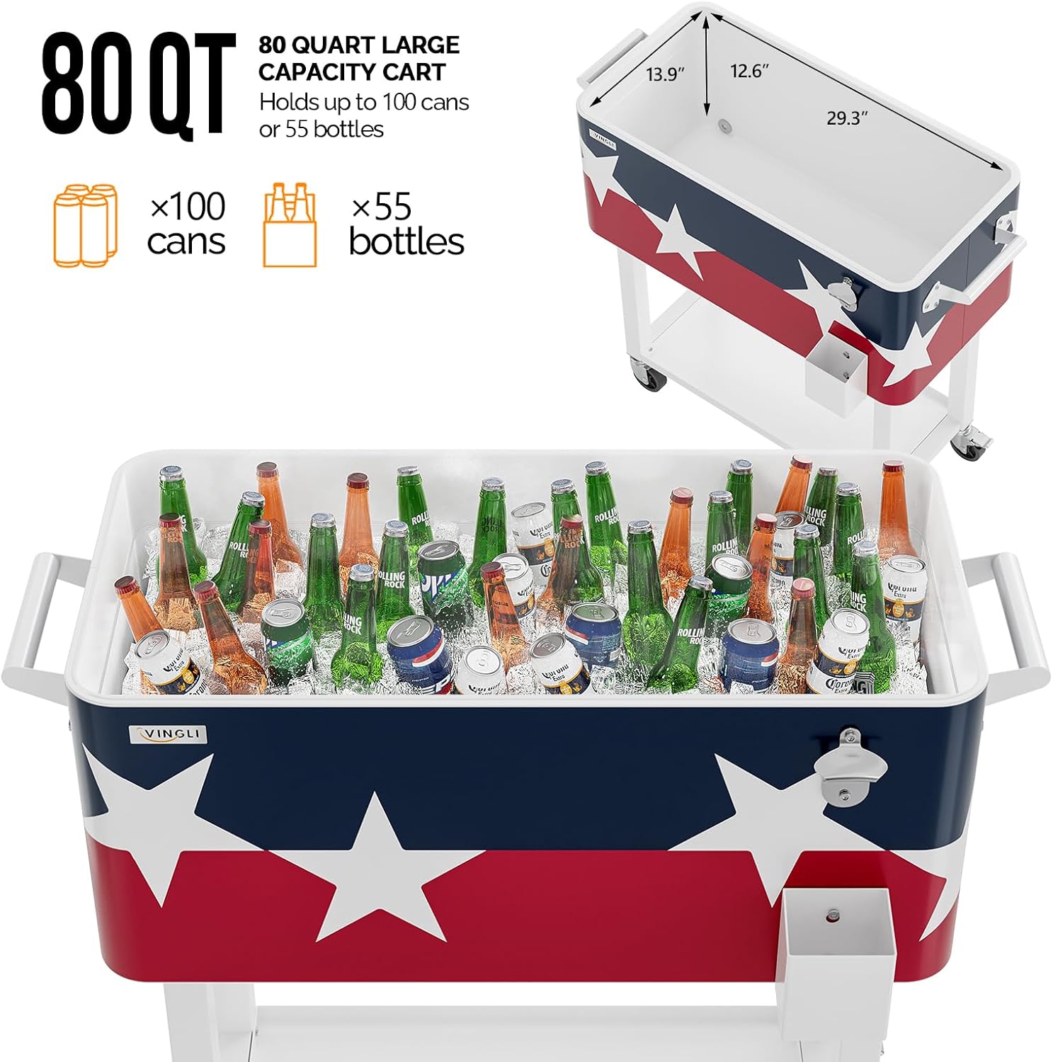 VINGLI Rolling Ice Chest, Portable Patio Party Bar Drink Cooler Cart, with Shelf, Beverage Pool with Bottle Opener