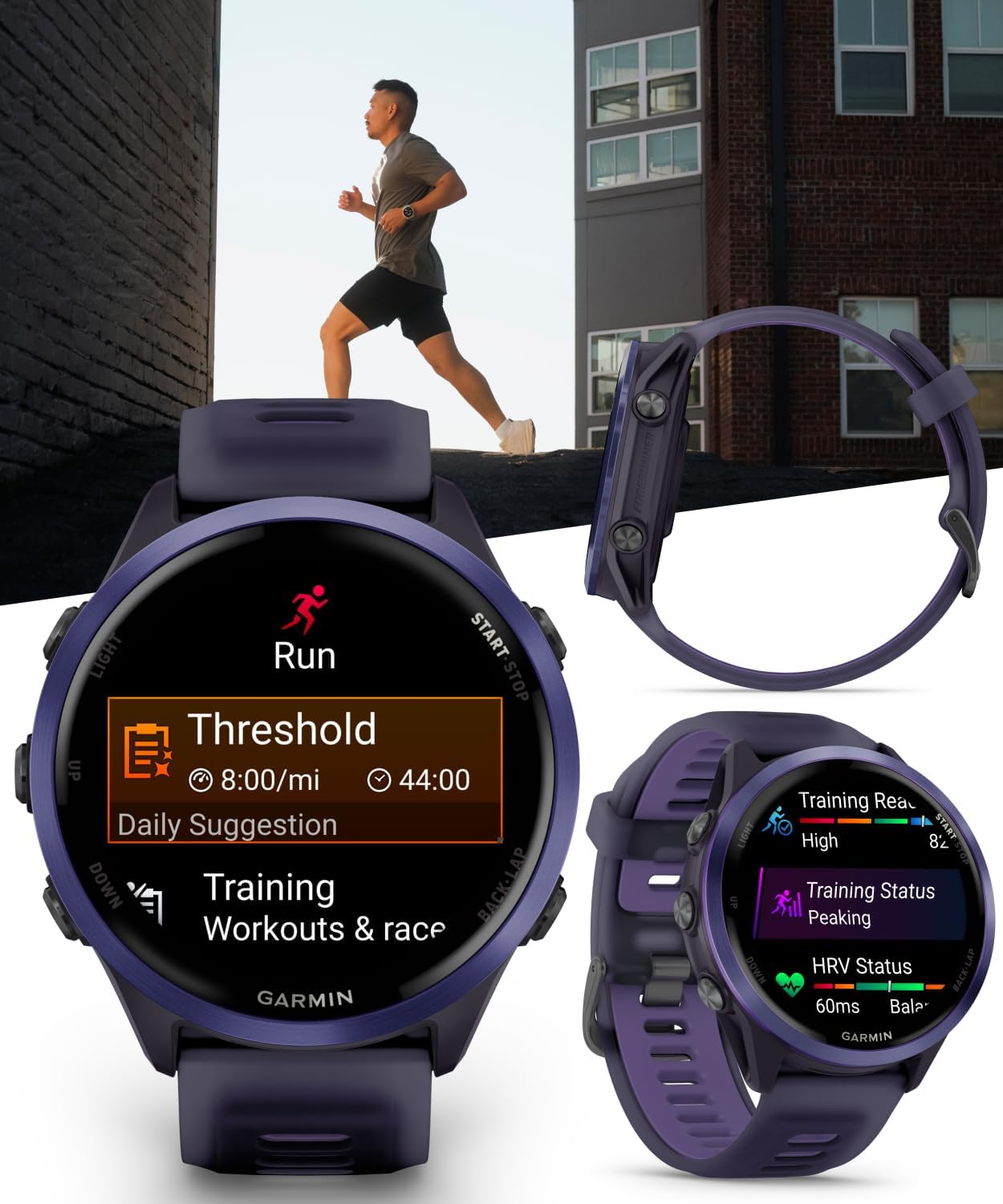 Garmin Forerunner 570 47mm Advanced GPS Running & Triathlon Smartwatch, AMOLED Display, Training & Recovery, Indigo Aluminum w/Translucent Imperial Purple/Indigo Band w/ Wearable4U BLK Earbuds Bundle