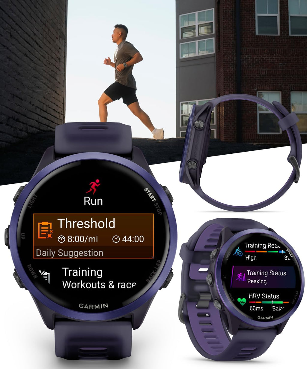 Garmin Forerunner 570 47mm Advanced GPS Running & Triathlon Smartwatch, AMOLED Display, Training & Recovery, Indigo Aluminum w/Translucent Imperial Purple/Indigo Band w/ Wearable4U PowerBank Bundle