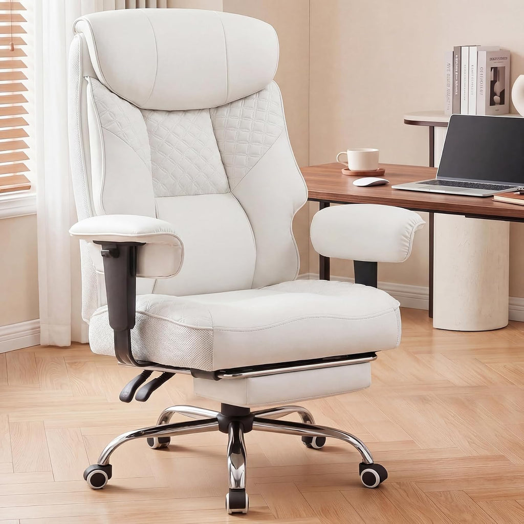 GTPLAYER Big and Tall Office Chair, High Back Computer Gaming Chair with Ergonomic Lumbar Support &Pocket Spring Cushion for Lower Back Pain Relief, Leather Executive Chair with Foot Rest, White