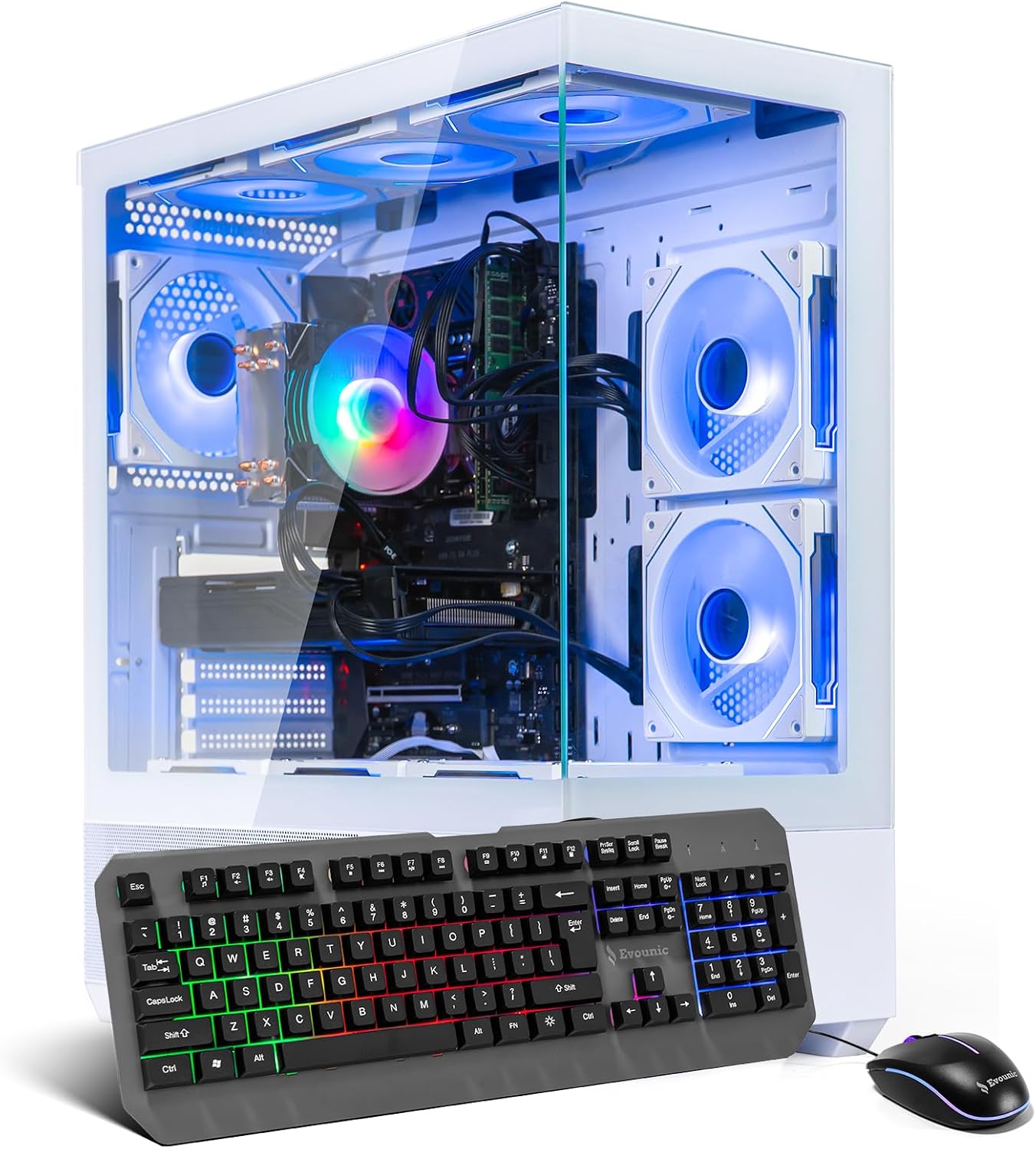 White Gaming PC Computer Desktop – i7 Xeon E5 3.20GHz, Radeon RX 580 8GB, 16GB RAM, 512GB SSD + 1TB HDD, WiFi 6 & BT 5.4, 9× ARGB Fans, Win 11 Pro, High-Performance Gaming Tower