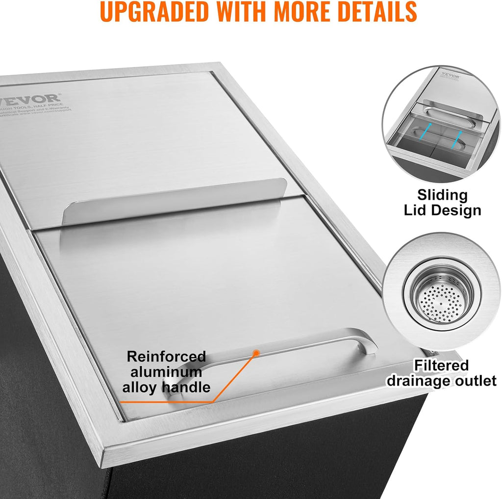 VEVOR Drop in Ice Chest, 18'L x 12'W x 14.5'H Stainless Steel Ice Cooler, Commercial Ice Bin with Sliding Cover, 40.9 qt Outdoor Kitchen Ice Bar, Drain-pipe and Drain Plug Included, for Cold Wine Beer