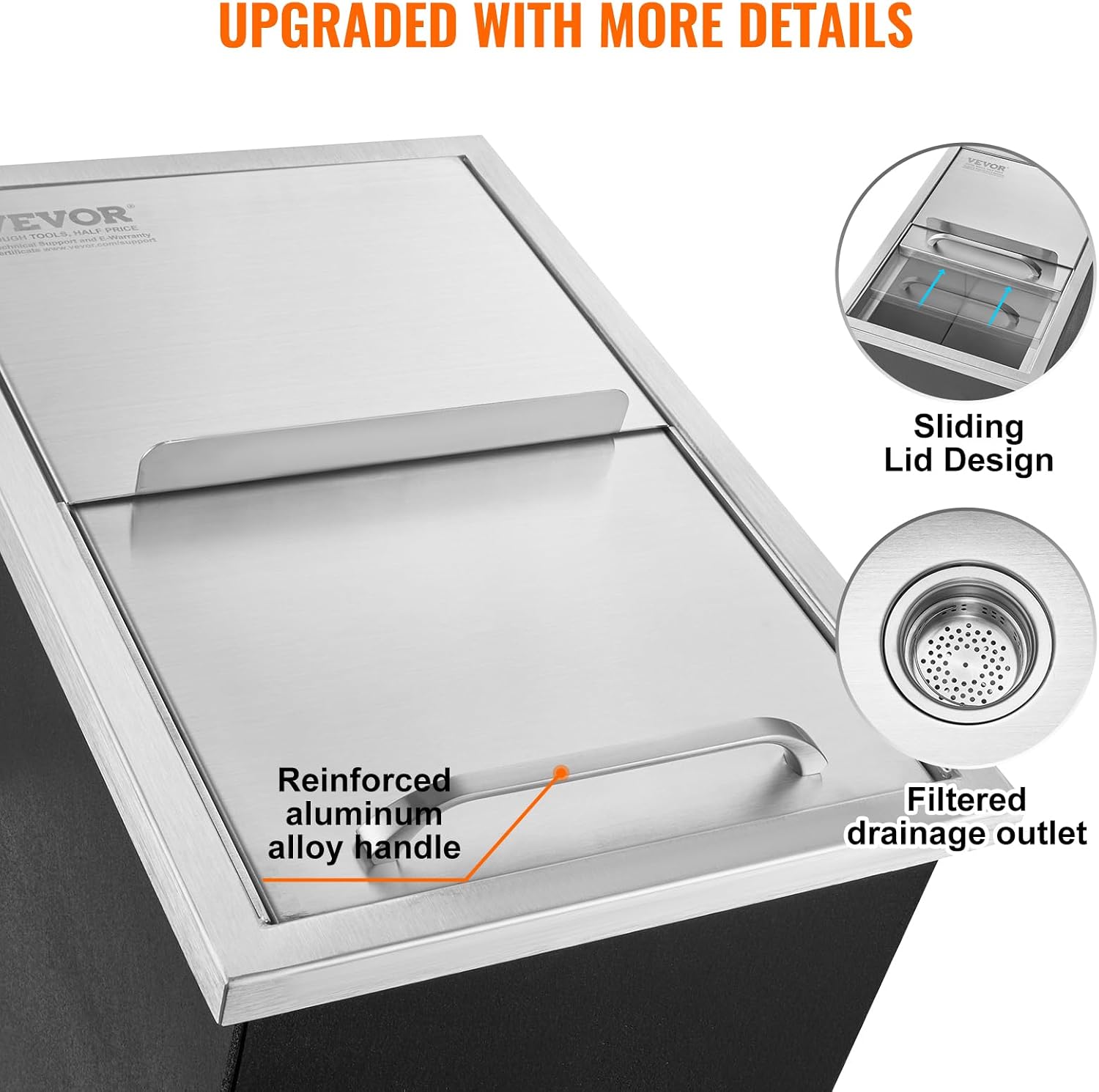 VEVOR Drop in Ice Chest, 18'L x 12'W x 14.5'H Stainless Steel Ice Cooler, Commercial Ice Bin with Sliding Cover, 40.9 qt Outdoor Kitchen Ice Bar, Drain-pipe and Drain Plug Included, for Cold Wine Beer