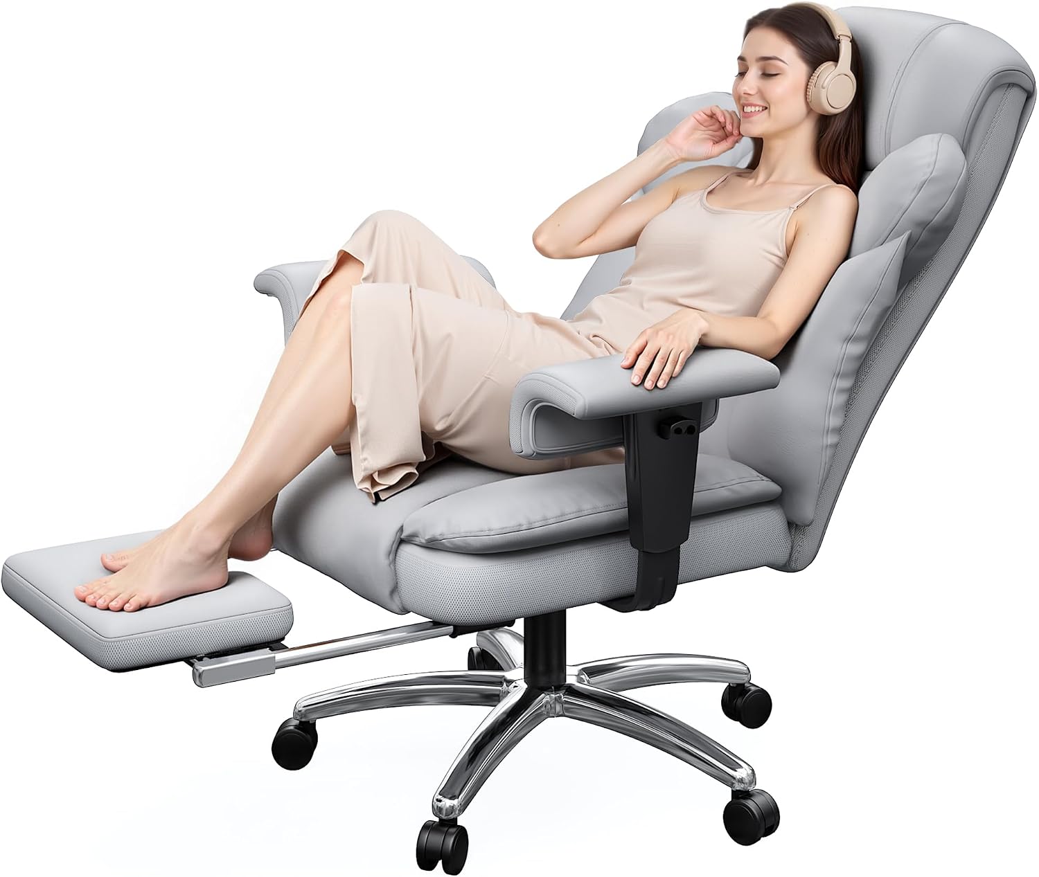DurayLoly Office Chair with High Back,Big and Tall Executive Leather Office Chair with Foot Rest & Arms,Wide Reclining Desk Chair Ergonomic with Lumbar Support for Home Office,Grey