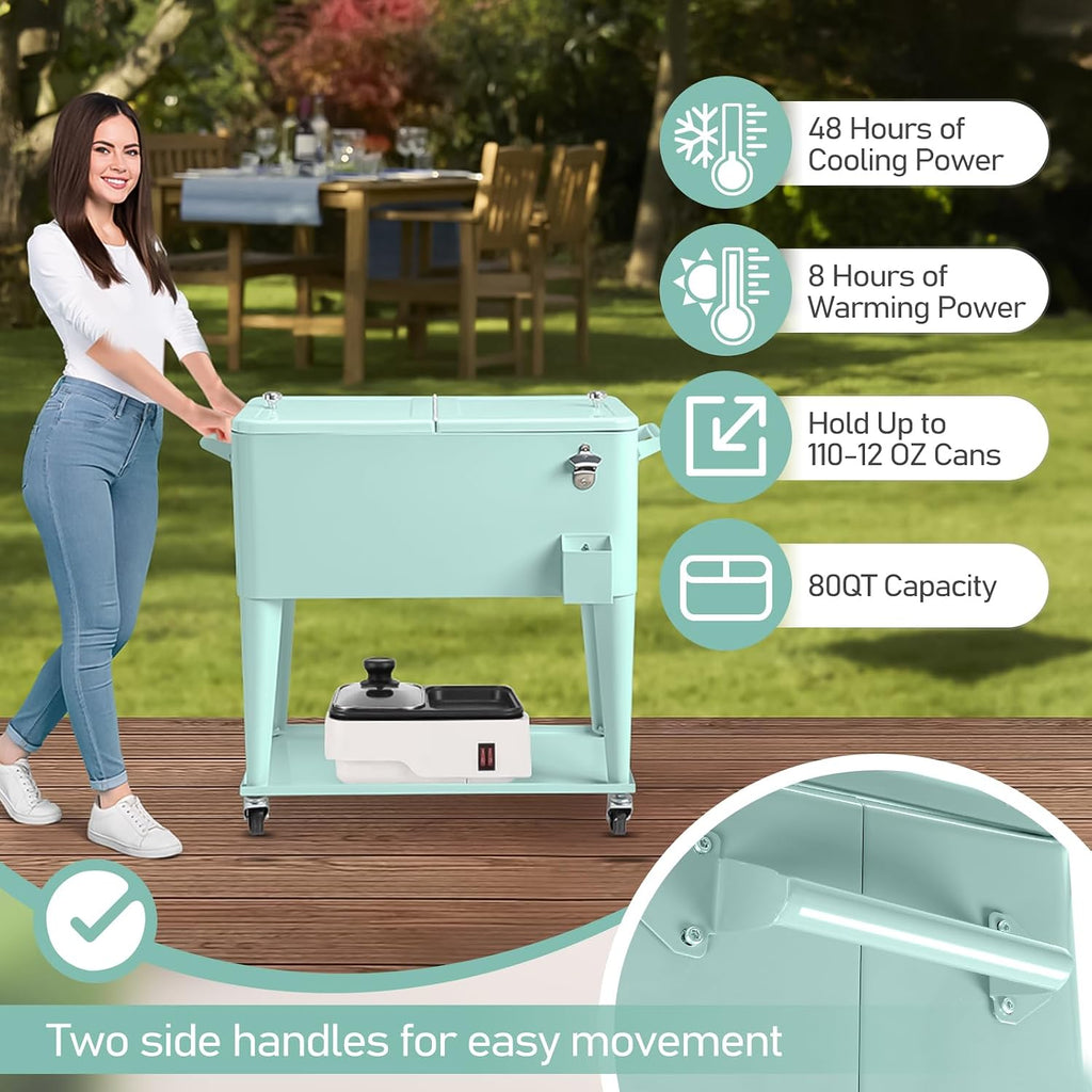 Outvita 80 Quart Rolling Ice Chest, Portable Bar Drink Cooler with Catch Basin, Bottom Storage Tray and Bottle Opener for Patio Party BBQ Beach Activities