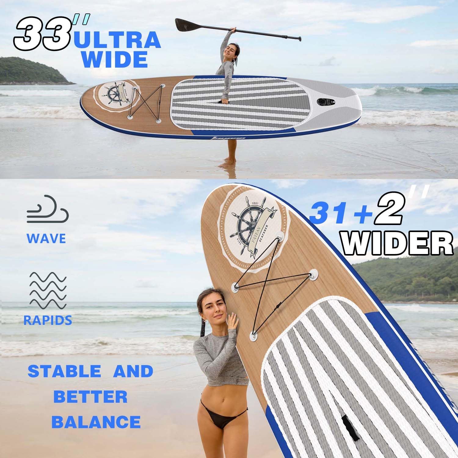 Inflatable Stand Up Paddle Board Non-Slip Deck, 11'×33'×6' Complete SUP Accessories for All Skill Levels, Wide Seat & Safety Leash, 3 Fins, Adjustable Paddle, Pump & Carrying Backpack
