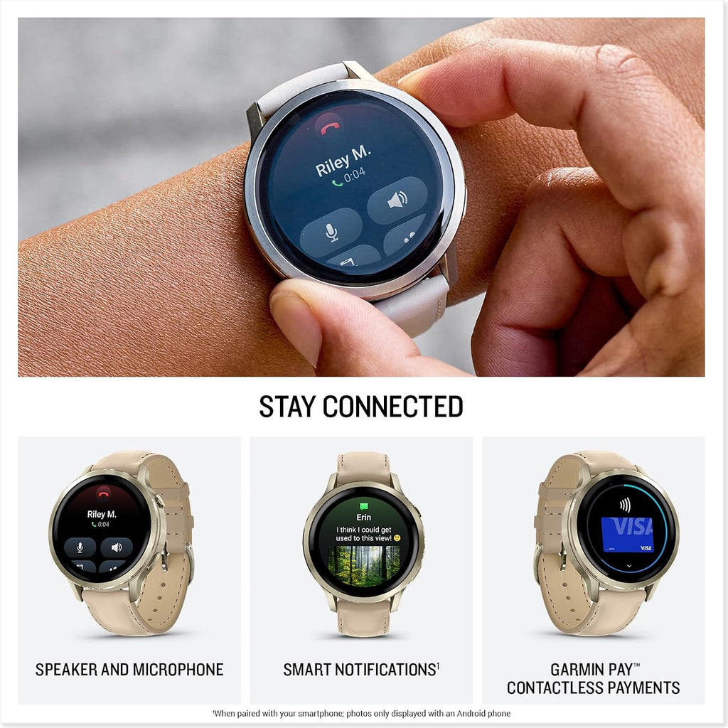 Garmin Venu 4, 41mm, Advanced Fitness and Multisport GPS Smartwatch, 1.2' AMOLED Display, Built-in Flashlight, 10 Days of Battery Life, Lunar Gold with Light Sand Leather Band