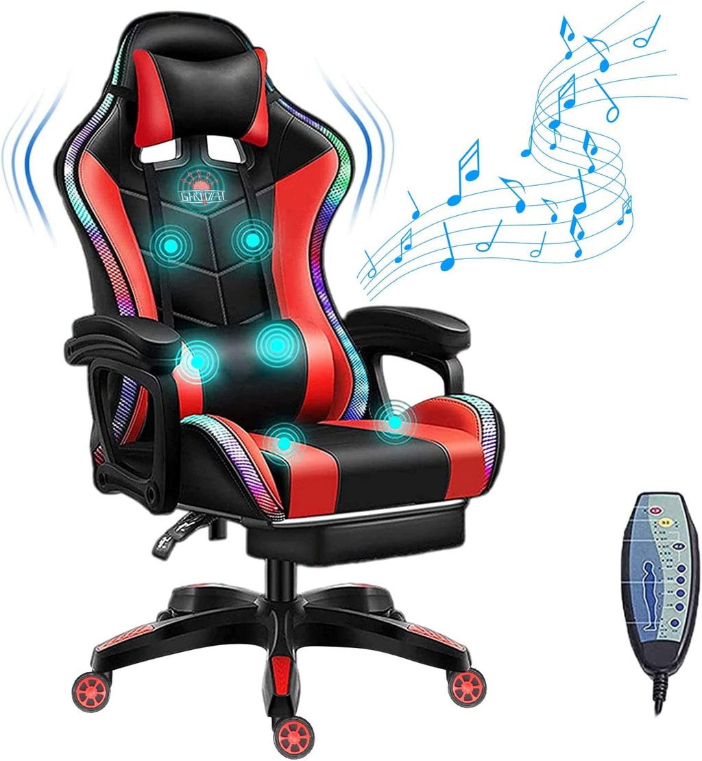 Massage Video Gaming Chair with Speakers, Ergonomic Recliner Computer Desk Chair, High Back PU Leather Office Chair Adjustable Swivel Reclining Chair with Lumbar Support and Footrest