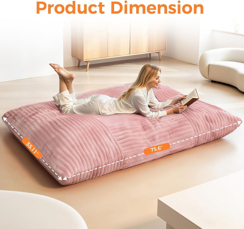 3 in 1 Giant Bean Bag Chair, Convertible Bean Bag Bed for Adults and Kids, Oversized Comfy Memory Foam Floor Sofa with Machine Washable Cover for Living Room, Bedroom & Dorm(Pink)