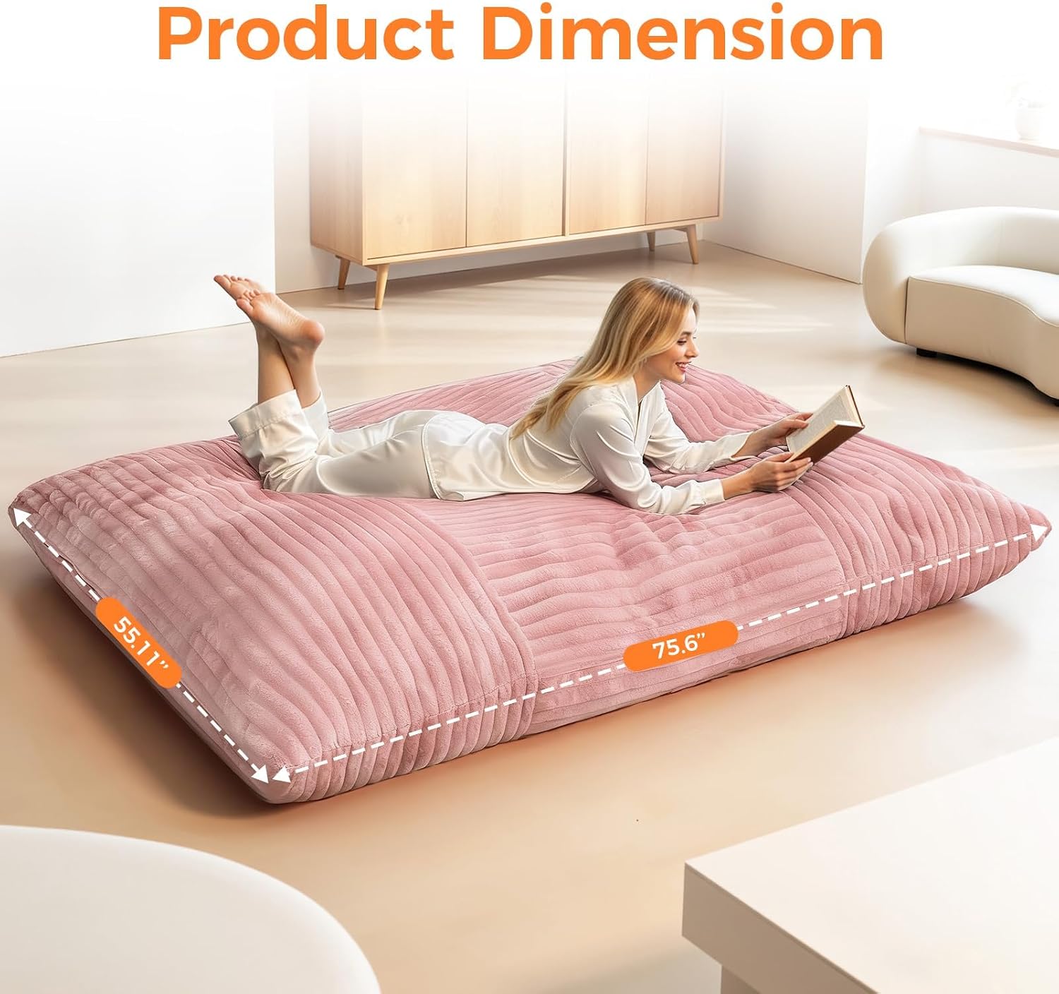 3 in 1 Giant Bean Bag Chair, Convertible Bean Bag Bed for Adults and Kids, Oversized Comfy Memory Foam Floor Sofa with Machine Washable Cover for Living Room, Bedroom & Dorm(Pink)