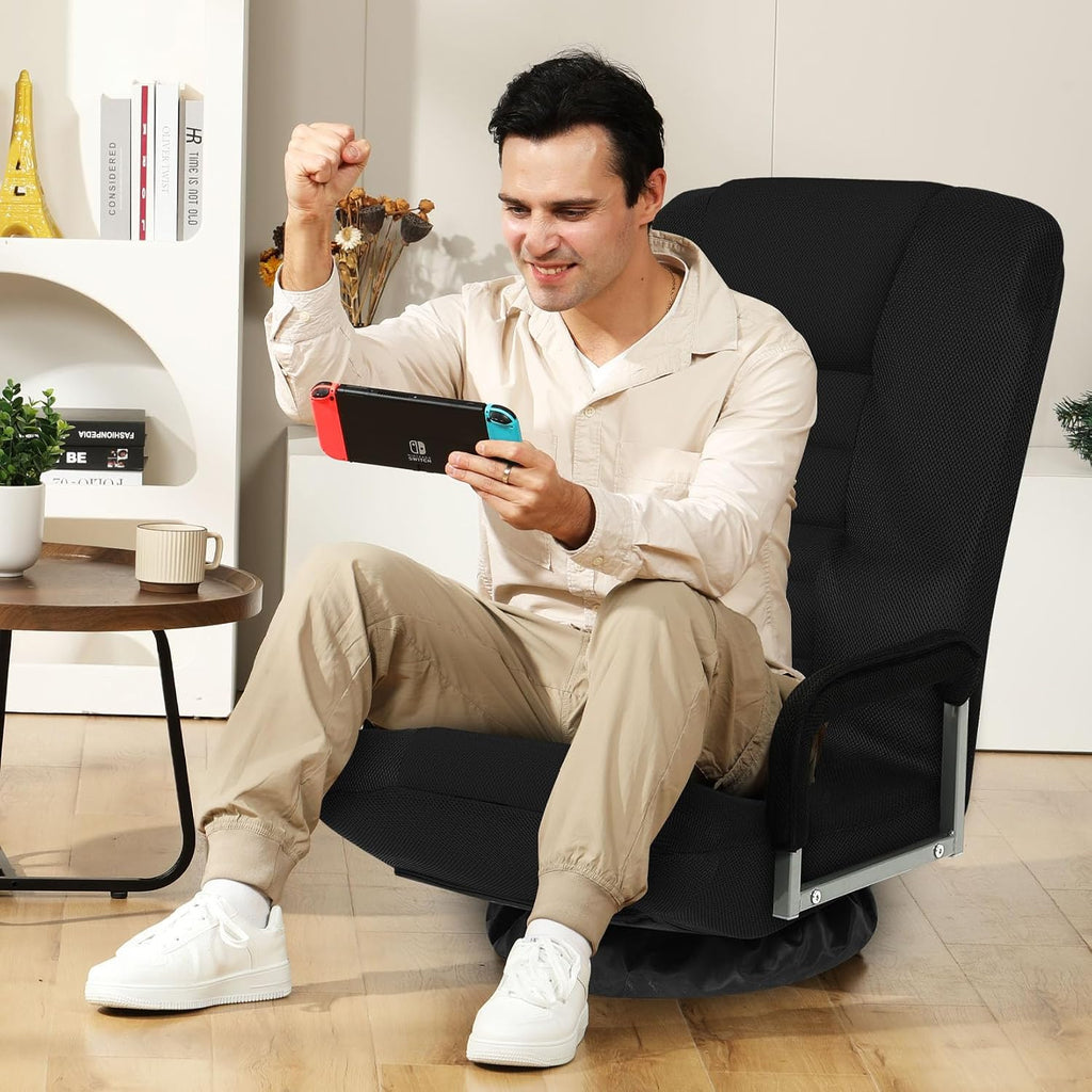 Swivel Gaming Chair Multipurpose 2PACK Floor Gaming Chair for Playing Video Games, TV, Reading w/Armrest Lumbar Support & 6 Adjustable Postion Backrest for Adults, Black