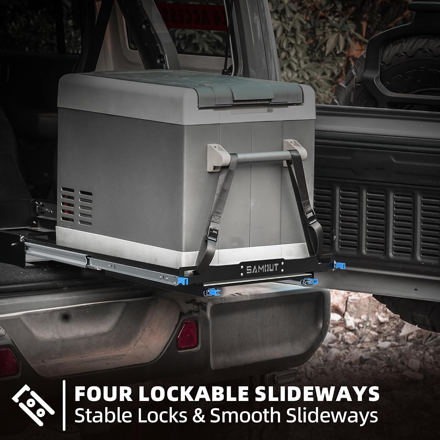 SAMOUT Fridge Slide with Chopping Board, Inner 39.2 x 22.4in, Vehicle Refrigerator Slider with 4 Buckle Straps, Max 287 LBS, 3rd Gen