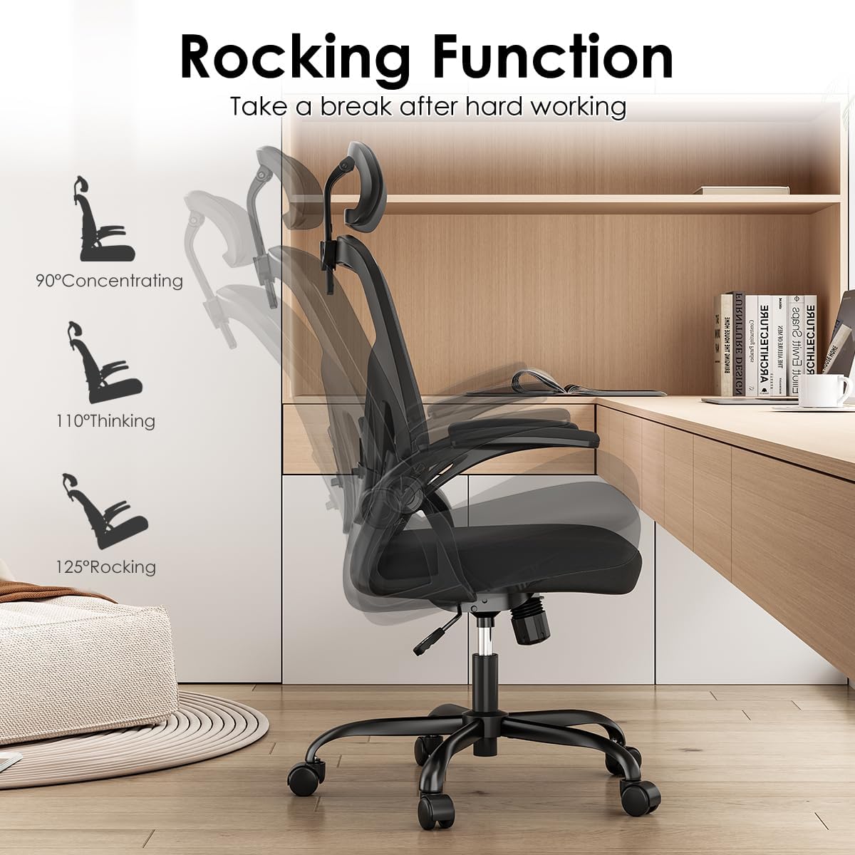 Farini Ergonomic Office Chair, Home Office Desk Chair with Headrest, High Back Swivel Computer Chair with Armrests and Adjustable Lumbar Support for Home Office Study Room, Black & Dark Black