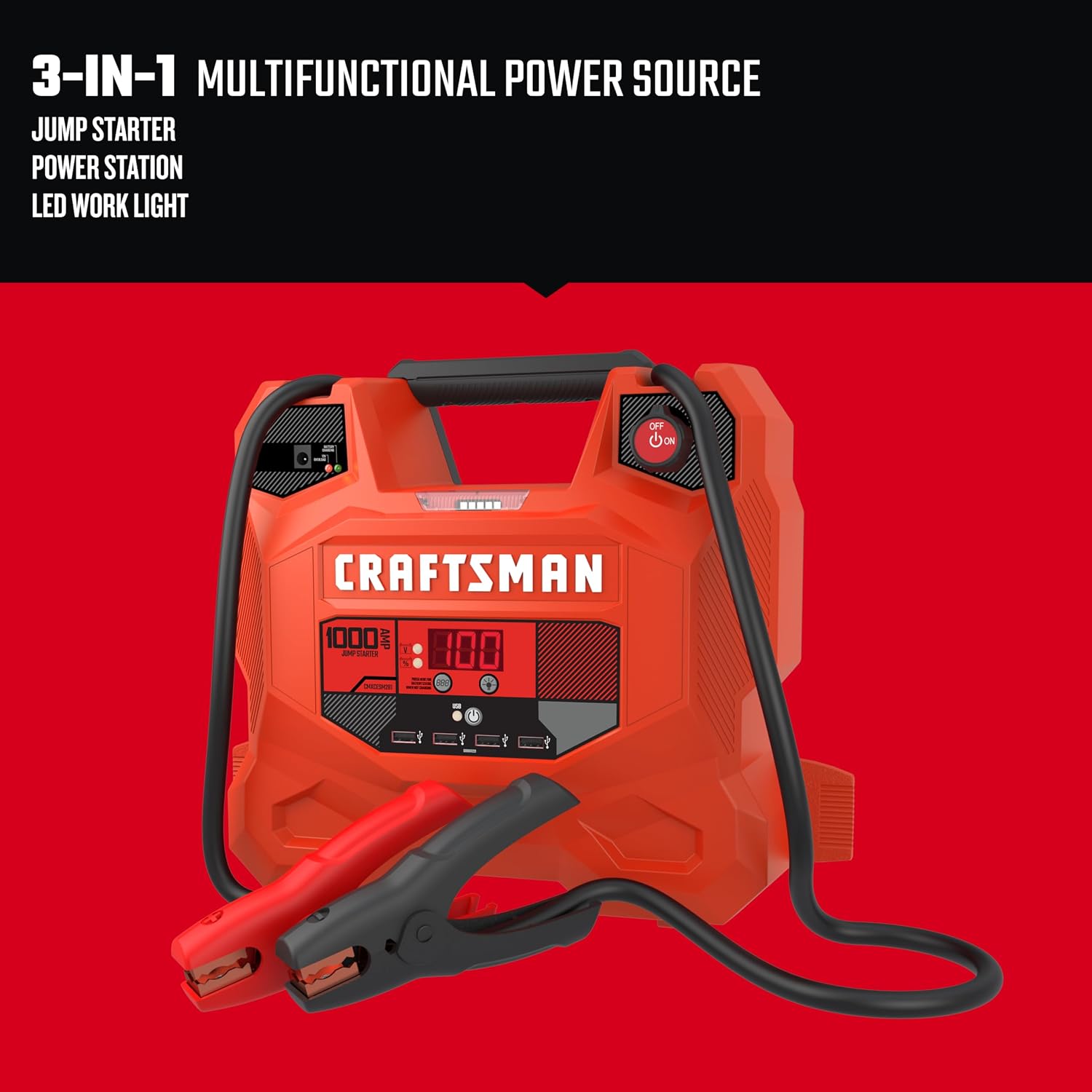 CRAFTSMAN 1000A Car Battery Jump Starter and Portable Power Station, 3-in-1 Solution, 12V DC and 2.4A USB Charging, for 12V Automotive, Marine, and Power Sport Batteries, CMXCESM281