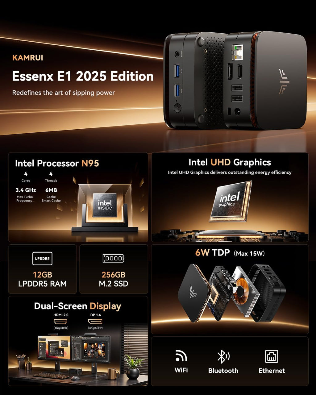 KAMRUI Essenx E1 Mini Computer with N95 Processor, 12GB LPDDR5 256GB M.2 SSD Mini PC, Small PC Support Dual 4K, WiFi, Ethernet, Bluetooth, Mini Desktop PC for Business