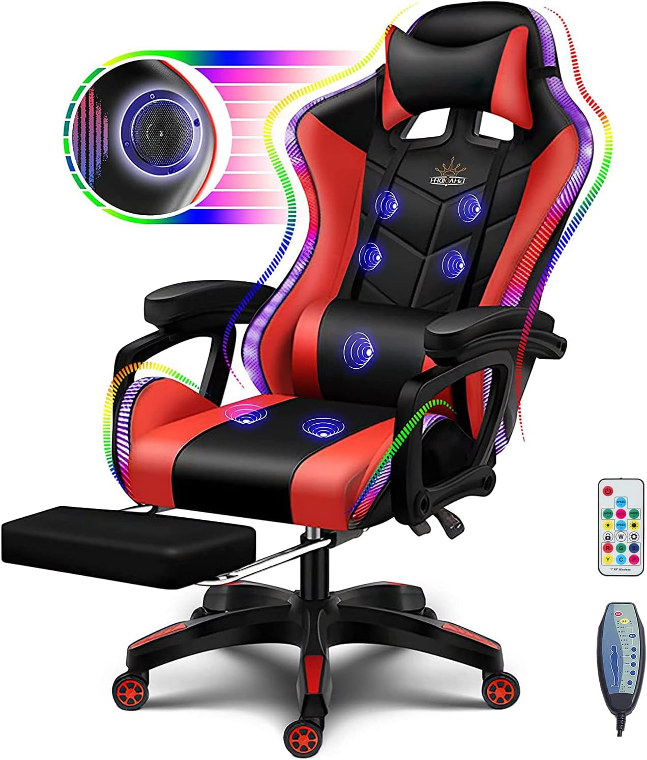 Full Massage Gaming Chair with Speakers and LED Lights Ergonomic Office Chair with Footrest Lumbar Support Adjustable Height Racing Game Chair PU Leather Computer Chair for Adults Teens,Red