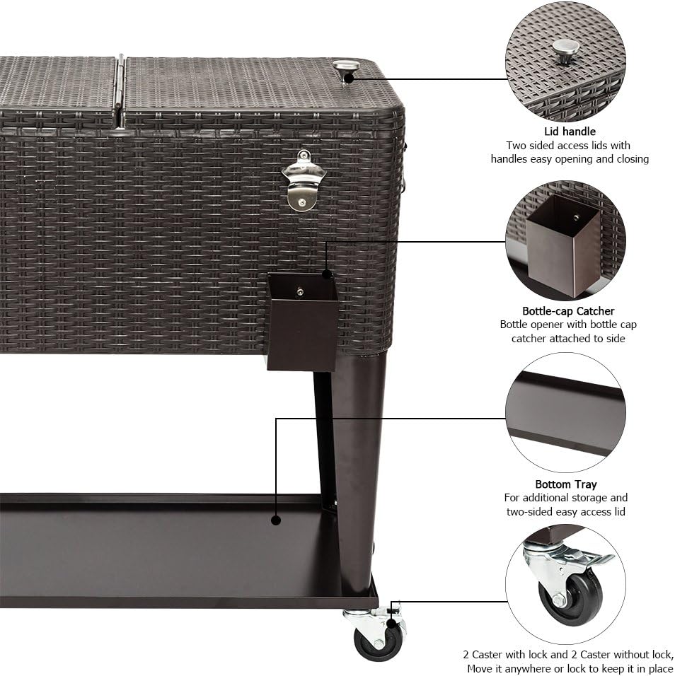 VINGLI 80 Quart Rolling Ice Chest on Wheels, Portable Patio Party Bar Drink Cooler Cart, Wicker PP Rattan with Shelf, Beverage Pool with Bottle Opener