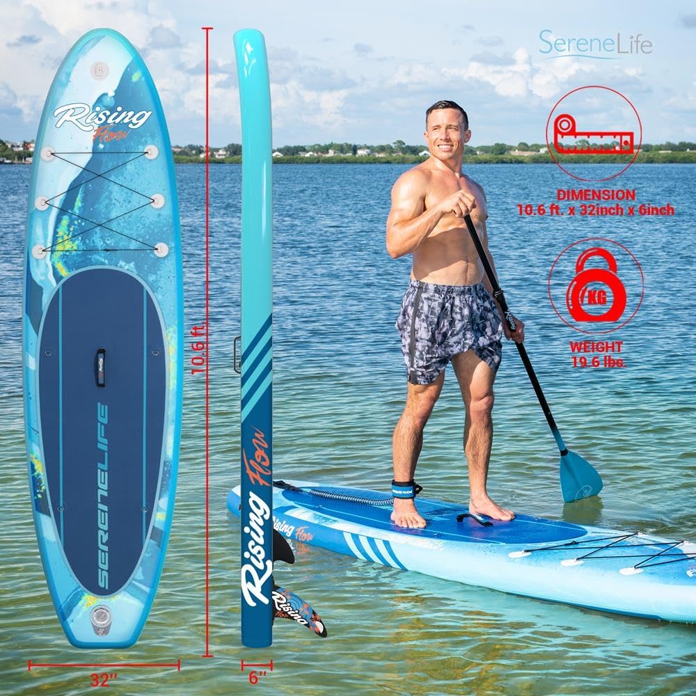 SereneLife Inflatable Stand Up Paddle Board and Detachable Seat - SUP Paddleboard Set for Adults and Youth, 32' Wide Design with Non-Slip EVA Deck Pad and Marine-Grade Materials, 350 lbs Capacity