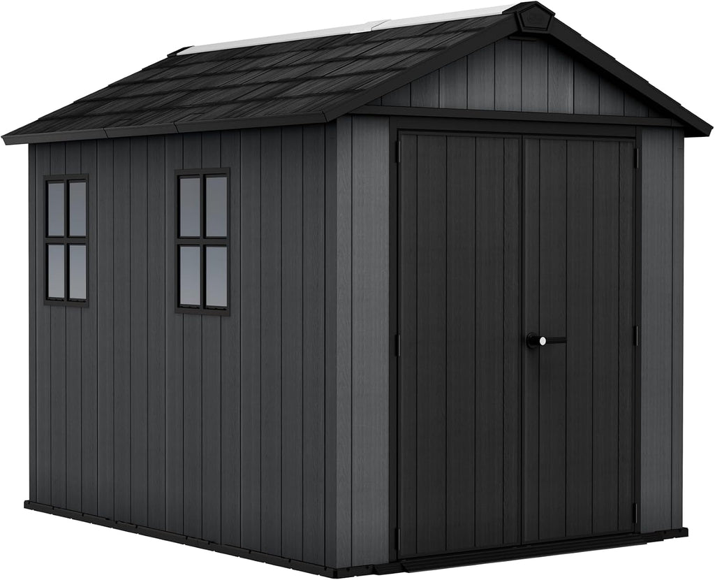 Keter Newton Plus 7.5x9 Ft All-Weather Storage Shed with Skylight, Window, Built-in Ventilation, Customizable Walls, & Lockable Double Doors, Graphite