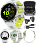 Wearable4U Garmin Forerunner 970 Titanium Smartwatch with Whitestone Case and Whitestone/Translucent Amp Yellow Band, AMOLED Display Black Earbuds Bundle