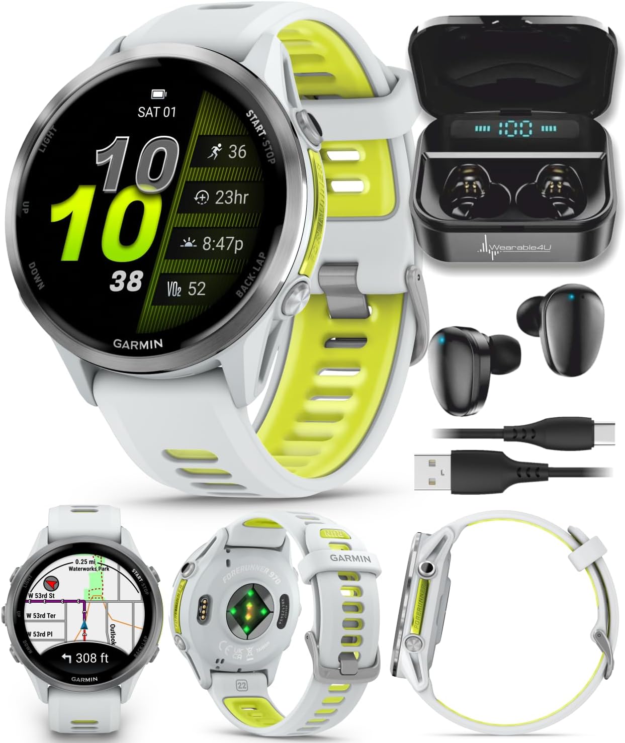 Wearable4U Garmin Forerunner 970 Titanium Smartwatch with Whitestone Case and Whitestone/Translucent Amp Yellow Band, AMOLED Display Black Earbuds Bundle