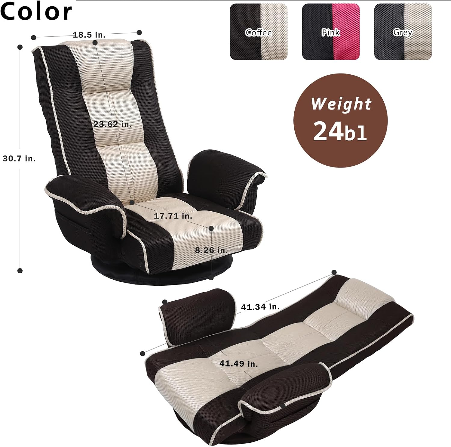 360 Degree Swivle Adjustable Floor Chair, Chaise Lounge Indoor, Folding Lazy Sofa with Armrests and Side Pocket Adults Gaming Chairs for Living Room, Bedroom Factory Price 201 (BK-CO)