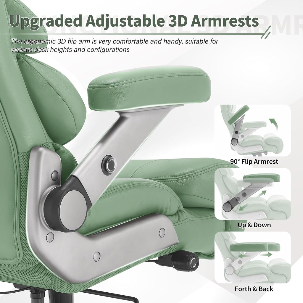 VUZI 700lbs Big and Tall Office Chair-Large Computer Chair with Adjustable Lumbar Support 3D Flip Arms Plus Size Wheels, High Back Executive Desk Chair, Heavy Duty Metal Base, Thick Padded Wide Seat