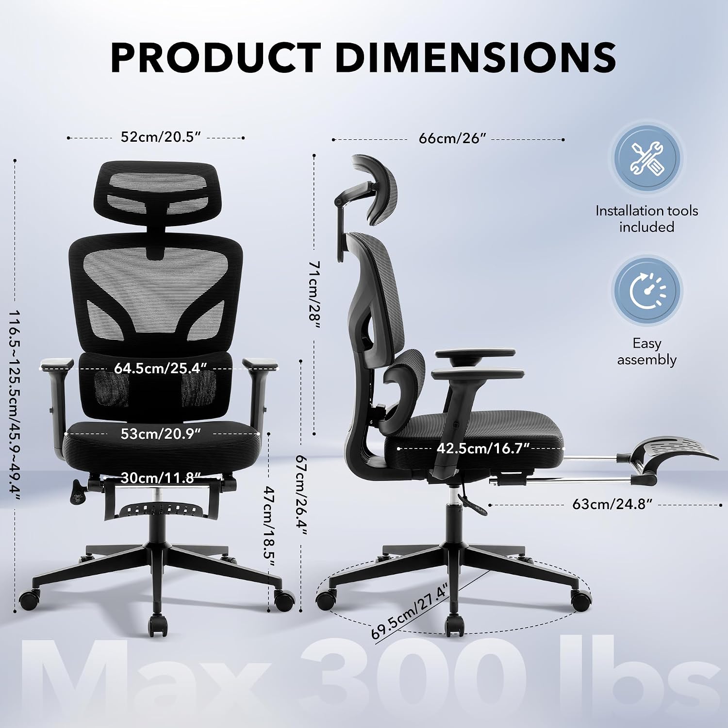 Office Chair Ergonomic Desk Chair - Home Mesh Chair with Adjustable Footrest Lumbar Support, High-Back Computer Gaming Chair with Headrest 3D Armrests, Rolling Swivel Task Chairs for Home, Office