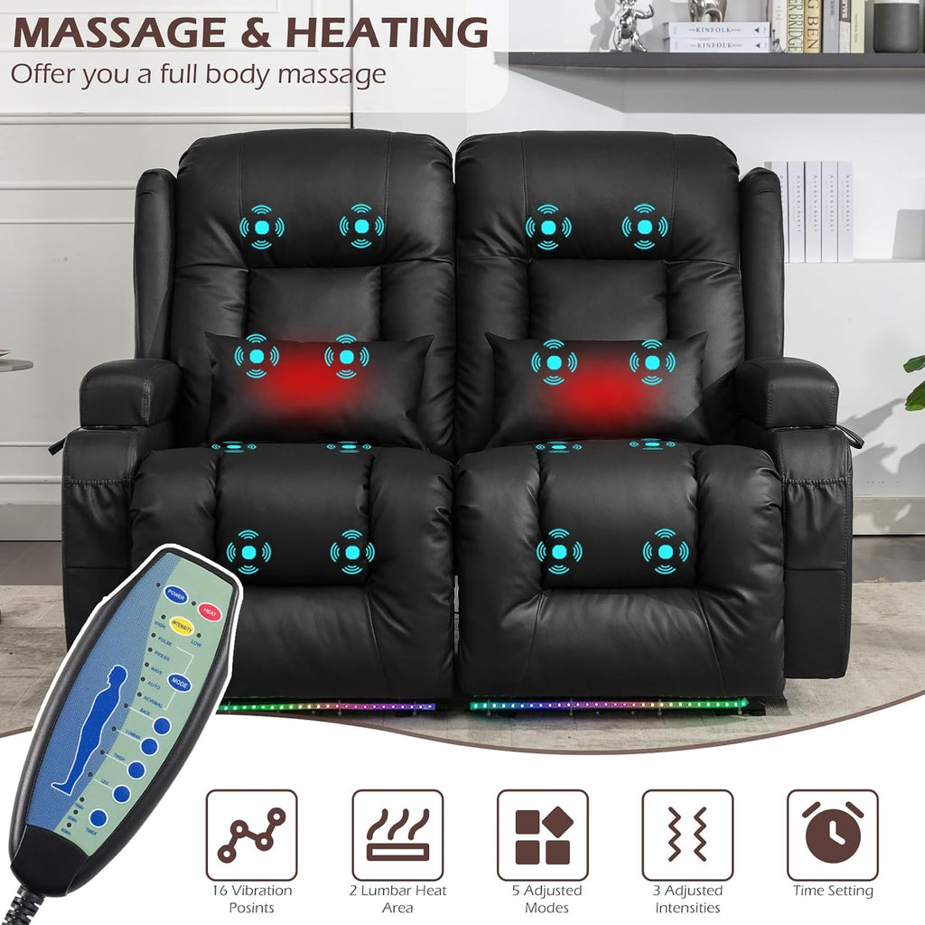 Loveseat Recliner Sofa, Leather Sofa with Massage & Heating, Home Theater Seating Power Reclining Loveseat with LED Light/Cup Holders/Lumbar Pillow (Black, Loveseat)