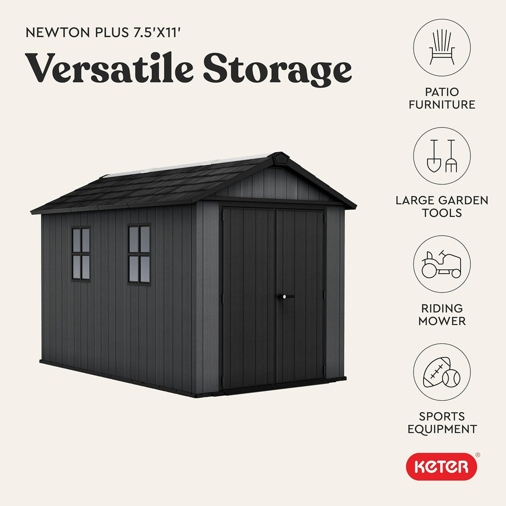 Keter Newton Plus 7.5x11 Ft All-Weather Storage Shed with Skylight, Window, Built-in Ventilation, Customizable Walls, & Lockable Double Doors, Graphite
