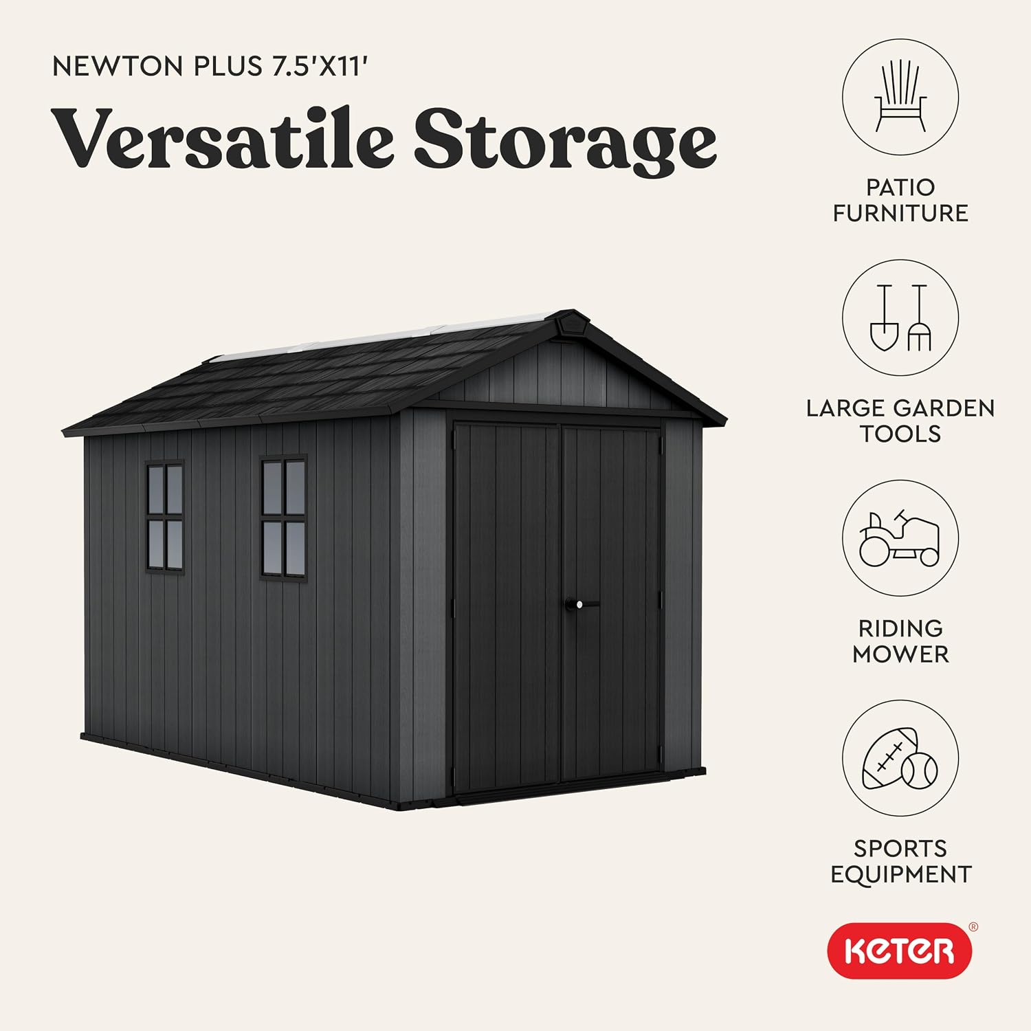 Keter Newton Plus 7.5x11 Ft All-Weather Storage Shed with Skylight, Window, Built-in Ventilation, Customizable Walls, & Lockable Double Doors, Graphite