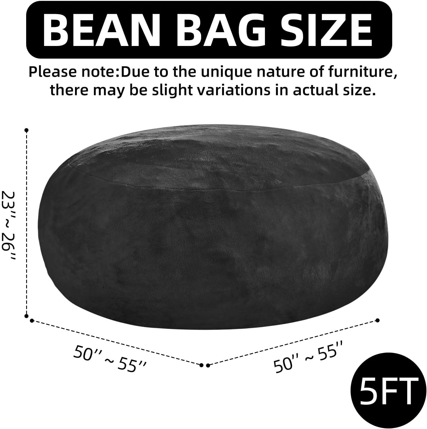SANAE Oversized 5FT Memory Foam Bean Bag Chair for Adults - Black Corduroy Fabric with Filling, Comfy Gaming & Movie Beanbag Sofa Floor Couch, Large Lounger for Living Room/Dorm/Classroom/Bedroom